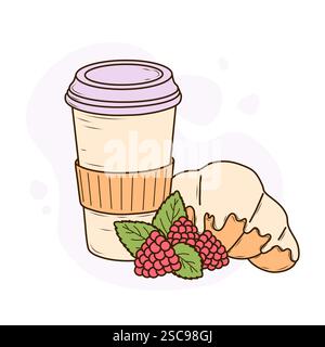 Einweg-Kaffeetasse aus Papier in heller Cremefarbe mit lavendelfarbenem Deckel und orangefarbener Hülle für Hitzeschutz. Daneben gibt es ein Croissant mit Sahnefüllung Stock Vektor