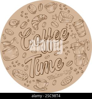 Round Doodle Coffee Shop Hintergrund. Symbol für handgezeichnetes Set umreißen Stock Vektor