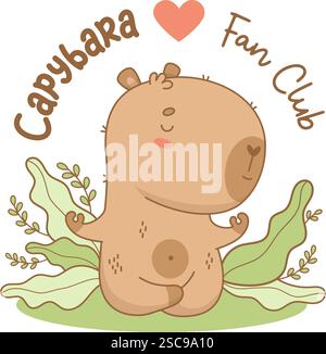 Die süße Capybara meditiert in der Natur. Lustiger ruhiger Athlet Cartoon Kawaii Tier Yogi. Maskottchenemblem Fan Club Capibara. Vektorabbildung. Kinder-Sammlung Stock Vektor