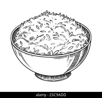 Illustration von gedämpften Reisschalen im grafischen Stil. Hand gezeichneter Vektor-Umriss Element der gesunden Beilage Mahlzeit. Perfekt für die Speisekarte Stock Vektor