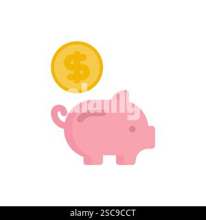 Schweinebank-Symbol. Schweinebank, finanzielle Unabhängigkeit, Geld sparen, Geldschachtel, Schwein mit fallenden Münzen. Vektorabbildung. Stock Vektor