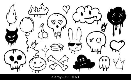 Graffiti Gangster Tattoo Elemente, Farbspritzer, Spray. Herzgesicht, Schädelset. Doodle Gunge groovige Druckkrone, Kirsche, Gruselset,. Vektorabbildung Stock Vektor