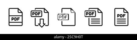Symbole für PDF-Dateiformat festgelegt. Sammlung von Symbolen zum Herunterladen von PDF-Dateien. Vektorabbildung. Stock Vektor