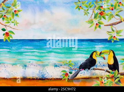 Tropische Meereslandschaft im Hintergrund. Aquarellgemälde von Kirschbaum und Kielschnabel-Tukan-Vogelpaar, im Hintergrund mit Meerblick für Weihnachten, Valentinstag Stockfoto