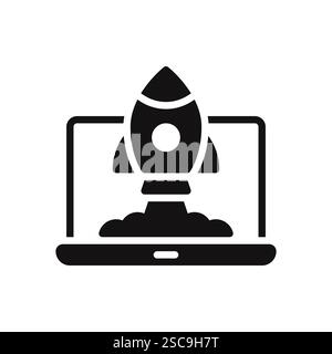 Rakete startet von einem Laptop-Symbol. Innovation, Start-up oder Start eines Projekts. Vektorabbildung. Stock Vektor