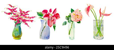 Blumen in Vasen, Aquarellmalereien Blumensträuße rot, rosa Farben in Glasvase. Handgezeichnete Designelemente. Frühlingsblume in hell, Isolat Stockfoto