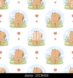 Nahtloses Muster süße Capybara meditiert in Lotusform in der Natur. Lustige Karikatur-Kawaii-Tier-Yogi auf weißem Hintergrund mit Herzen. Vektorillustratio Stock Vektor