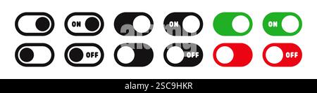 Symbole der ein- und Ausschalttaste eingestellt. Einstellen des Umschalters EIN AUS, Schaltertasten. Vektorabbildung. Stock Vektor