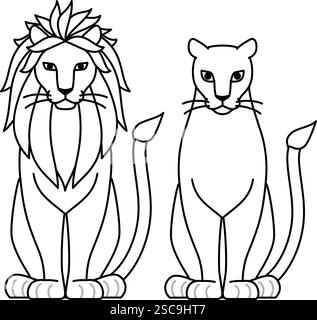 Einfache Linienzeichnung eines Löwen nach vorne, männlich und weiblich, Vektorillustration Stock Vektor