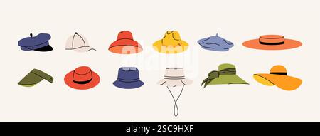 Sommerhüte. Trendige, stilvolle Damen Herrenkopfbekleidung, einfache flache Elemente Strohhut, Vintage-Hut, Mütze, panama, moderner Kopfschmuck. Vektor-Zeichentrickset Stock Vektor