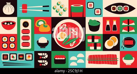 Banner für asiatische Speisen. Minimal geometrische japanische koreanische thailändische chinesische Küche, Sushi-Garnelen-Sashimi-Lachs-Reis-Ramen tom-Yum-Suppe. Hintergrund des flachen Vektors Stock Vektor