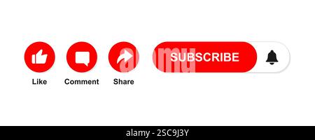 Vektor-Illustration des Symbols „gefällt mir“, „Kommentar“, „Teilen“ und „Abonnieren“. Eine Reihe von Symbolen für Abonnementschaltflächen klingelt, wie, kommentiert, Share Sign für Kanal, Blog Stock Vektor