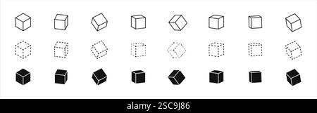 Symbole für 3D-Würfel festgelegt. Verschiedene Winkel. Geometriefigur Cube. Vektorabbildung. Stock Vektor