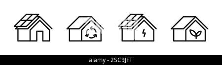 ECO House-Symbole eingestellt. Ökologisches Haus mit Blättern, Solarpaneelen, Recycling-Symbol. Vektorabbildung. Stock Vektor