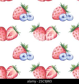 Nahtloses Aquarellmuster mit handbemalten Erdbeeren und Heidelbeeren. Frisches und lebendiges Beerendesign, perfekt für Textilien, Verpackungen und Stockfoto