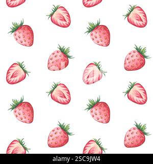 Nahtloses Aquarellmuster mit handbemalten Erdbeeren. Helles und frisches Design, ideal für Textil-, Verpackungs- und kreative Projekte Stockfoto