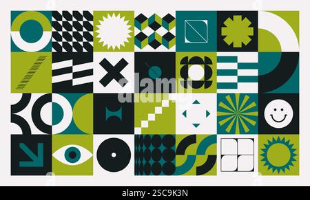 Brutalistische geometrische Formen. Minimalistische postmoderne abstrakte Formen, moderne primitive Blöcke schweizer Bannerdesign, grundlegende Geometrie-Elemente bauhaus-Stil Stock Vektor
