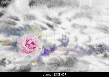 Abstrakte Malerei Aquarellhintergrund. Rosafarbene Rosen auf Papier, Textur für Kreativität, Pinselstrich, schwarze und blaue unabhängige Emotionen. Abbildung Pai Stockfoto