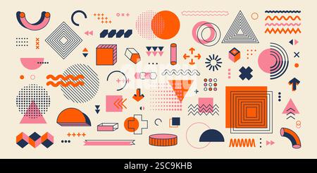 Geometrische Elemente von memphis im Retro-Stil. Abstrakte Geometrie formt den minimalistischen Stil der 80er 90er Jahre, trendige Vintage-auffällige, schlichte Figuren mit minimalistischem Design. Vektorsatz Stock Vektor