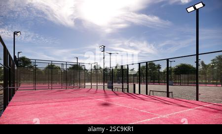 Eckblick auf den Padel Court im Freien mit rosafarbener Oberfläche, ausgestattet mit Flutlichtern und Glas Stockfoto