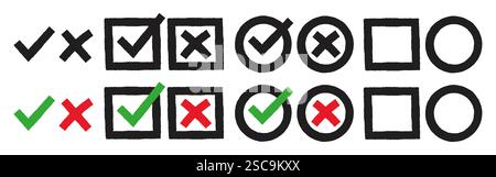 Häkchen. Kontrollkästchen „Handgezeichnet“, „Stimme Stimme zu“ oder „Stimme nicht zu“ Prüfzeichen und Checkliste. Vektorabbildung. Stock Vektor