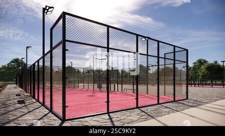 Eckblick auf den Padel Court im Freien mit rosafarbener Oberfläche, ausgestattet mit Flutlichtern und Glas Stockfoto