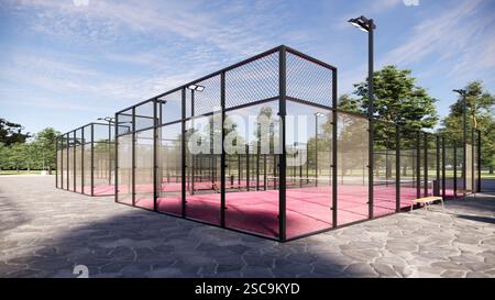 Eckblick auf den Padel Court im Freien mit rosafarbener Oberfläche, ausgestattet mit Flutlichtern und Glas Stockfoto