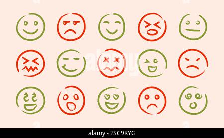 Doodle Emoji-Gesichter. Lustige Emoticon-Charaktere mit verschiedenen Emotionen und Stimmungen, handgezeichnete Sketch-Emoticons für Design. Vektor-isolierter Satz Stock Vektor