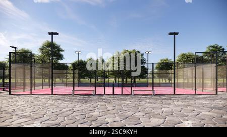 Padel-Platz im Freien mit rosafarbener Oberfläche, ausgestattet mit Flutlichtern und Glas Stockfoto
