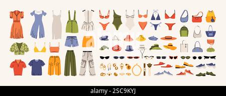 Mode Kleidung Mega-Set. Sommerkleidung und Accessoires, stilvolle Damenkleidung, Kleider Badeanzüge T-Shirts Hosen Schuhe Shorts Taschen Hüte Freizeit Stock Vektor