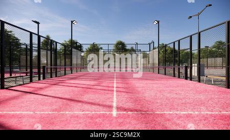 Padel-Platz im Freien mit rosafarbener Oberfläche, ausgestattet mit Flutlichtern und Glas Stockfoto