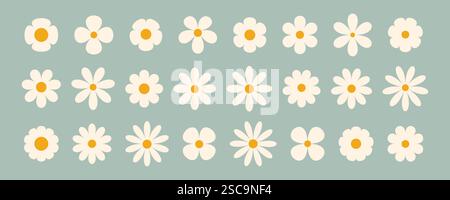 Grooviges einfaches Blumenset. Sammlung abstrakter Blumen im minimalistischen Stil. Geometrisches Blumenset. Abstrakte minimale Gänseblümchenelemente. Brutalistisch Stock Vektor