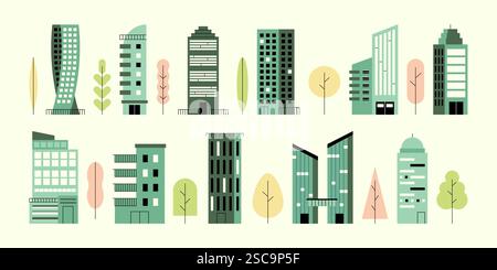 Minimale Wohngebäude. Geometrisches Stadtbild mit Wolkenkratzern und Bäumen, einfacher flacher Stadtbauer. Vektorsatz Stock Vektor