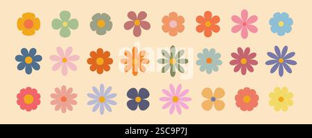 Grooviges einfaches Blumenset. Sammlung abstrakter Blumen im minimalistischen Stil. Geometrisches Blumenset. Abstrakte minimale Gänseblümchenelemente. Brutalistisch Stock Vektor