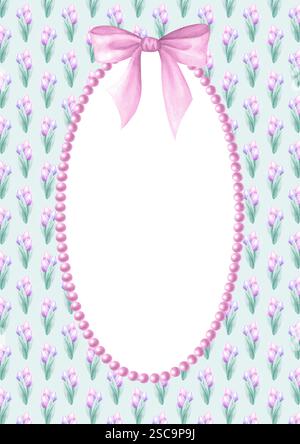 Ovaler Rahmen mit Sträußen aus rosa und lilafarbenen Tulpen, Schleife und Halskette. Handzeichnung Aquarell isolierte vertikale Postkartenschablone mit Kopierraum für Text für Grußkarte und Design für Mutter, Frauentag. Stockfoto