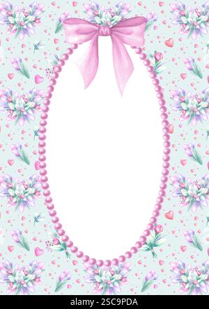 Ovaler Rahmen mit Sträußen aus rosa und lilafarbenen Tulpen, Schleife und Halskette. Handzeichnung Aquarell isolierte vertikale Postkartenschablone mit Kopierraum für Text für Grußkarte und Design für Mutter, Frauentag. Stockfoto