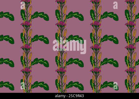 Botanisches abstraktes Pflanzen-nahtloses Muster mit Wildblumen-Vektor-Illustration. Sich wiederholendes Retro-Blumenmuster in lila Hintergrund. Grafische Darstellung Stock Vektor