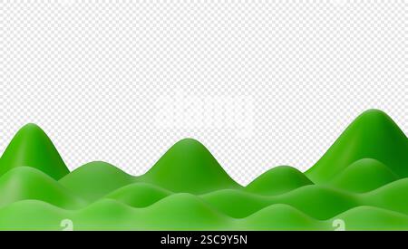3D Green Field mit Hügeln und Bergen. Minimaler Hintergrund der Sommerlandschaft. Vektorabbildung in realistischem 3D-Stil. Stock Vektor