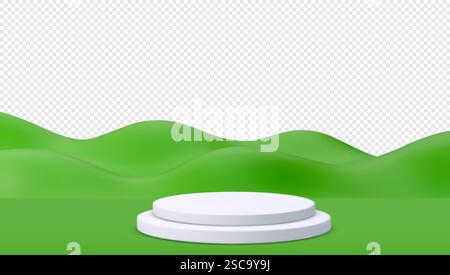 3. Sommerpodium mit grünem Gras und Hügeln. Hintergrund mit rundem Sockel oder Tisch. Sommerlandschaft, Hügel und Wiesen. Vektorabbildung. Stock Vektor