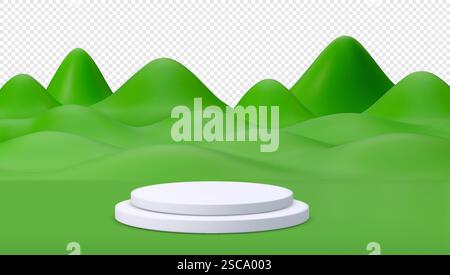 Grüne 3D-Natur Berglandschaft mit weißem Zylinder Podium. Sommerfeld mit Hügeln und Gras und Podium, Sockel darauf. Vektorhintergrund in 3D Stock Vektor