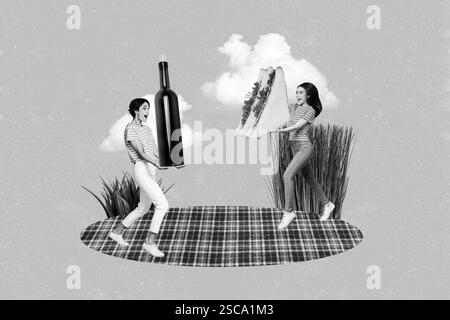 Kreatives Foto 3D Collage Kunstwerke Poster Postkarte von verrückten Damen feiern Junggesellinnenparty isoliert auf Malhintergrund Stockfoto