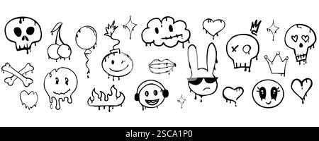 Graffiti-Gangster-Tattooelemente, Farbspritzer, nahtlose Borten sprühen. Herzgesicht, Schädelset. Doodle Gunge groovige Druckkrone, Kirsche, Gruselset,. Vektorabbildung Stock Vektor