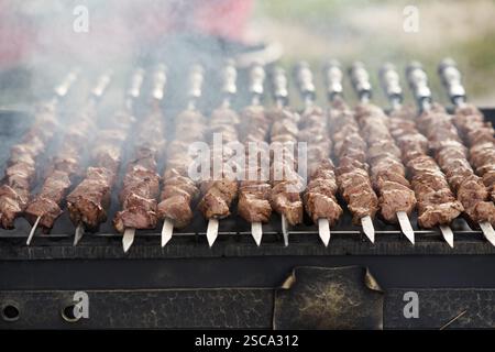 Shish Kebab auf Spieße wird auf dem Grill gebraten. Nahaufnahme Stockfoto