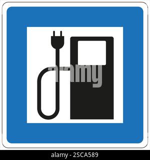Blaues und weißes Straßenschild mit Ladesymbol für Elektrofahrzeuge und nachhaltige Mobilität Stock Vektor