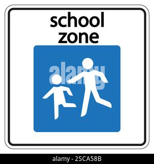 Blaues und weißes Straßenschild in der Schulzone, das zwei Kinder beim Überqueren zeigt, was die Sicherheit und Vorsicht der Fahrer fördert Stock Vektor