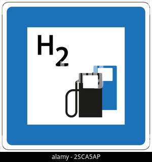 Verkehrsschild für Wasserstofftankstellen, das die Verfügbarkeit von h2-Brennstoff anzeigt, symbolisiert den Übergang zu umweltfreundlichem Verkehr und nachhaltiger Energie-Soluti Stock Vektor