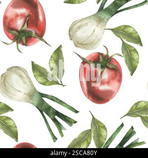 Frisches Gemüse, nahtloses Muster mit Aquarelltomaten, Schalottenzwiebeln und Lorbeerblättern. Handgezeichneter veganer Lebensmittelhintergrund für frische, umweltfreundliche Produkte aus dem Markt Stockfoto