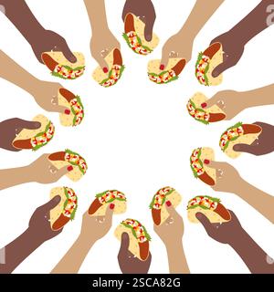 Damen- und Herrenhände verschiedener Nationalitäten halten Taco Circular Frame Border Copy Space Template. Isolierte Vektor-Illustration traditionelle mexikanische Küche oder Menükarten, Web-Promo-Broschüren, Preis Stock Vektor