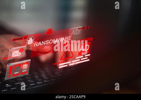 Malware-Angriffe Virus-Warnung Infektion mit bösartiger Software , Schulung zur Sensibilisierung für schädliche Ad-Cyber-Sicherheit zum Schutz von Geschäftsdaten vor Bedrohungen a Stockfoto