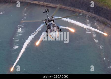 Royal Navy Lynx macht eine scharfe Wende im Flug und unterstreicht sein kompaktes Design und seine schnellen Funktionen. Der Lynx wird von zwei LHTEC CTS800-4N-Motoren für den Marineeinsatz angetrieben. Stockfoto